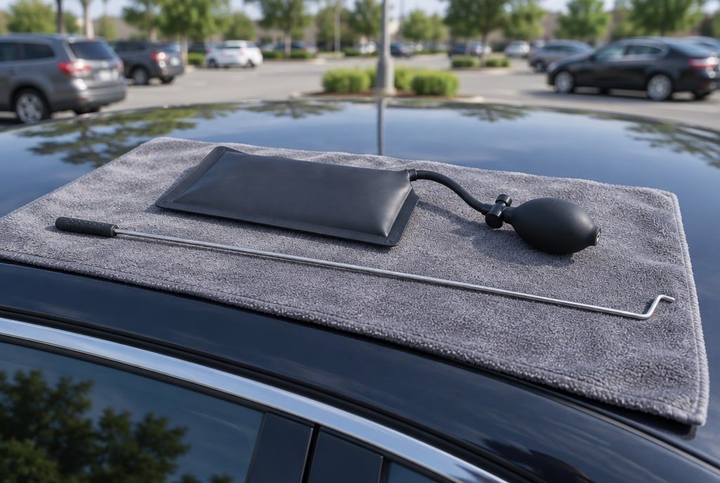 An inflatable air wedge and a long reach tool on the roof of a car