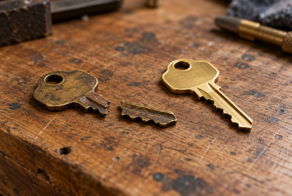 The two pieces of a broken house key beside a newly cut replacement key on a workbench