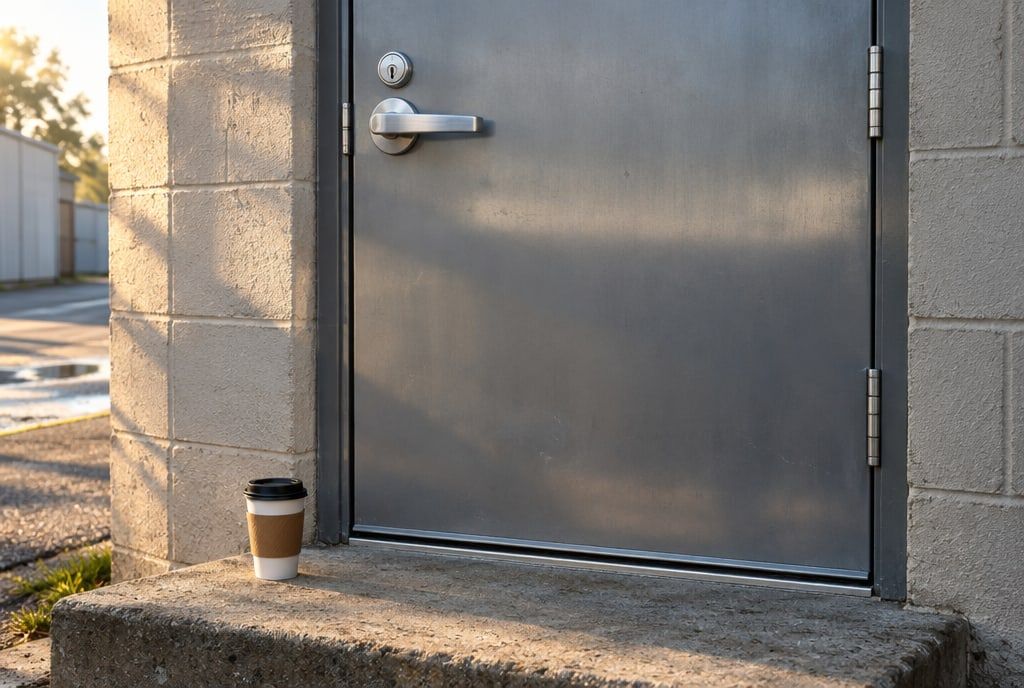 A small shop’s steel back door with a commercial lever lock in morning light