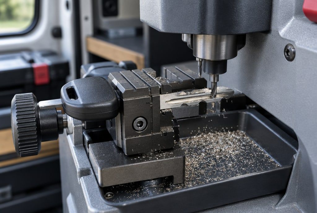 A car key blank being cut in a key cutting machine
