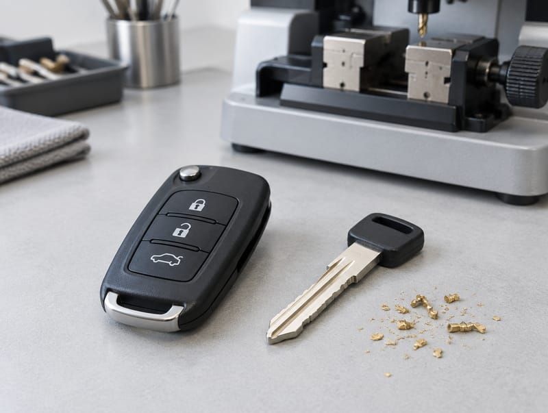 A car key fob and a freshly cut key
