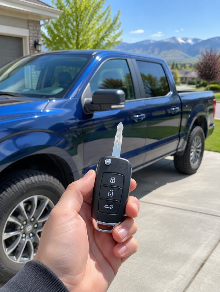 A new car key fob held up in front of a pickup truck