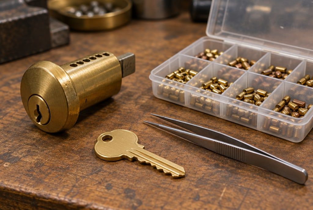 A deadbolt cylinder beside a tray of small brass rekeying pins and a new key