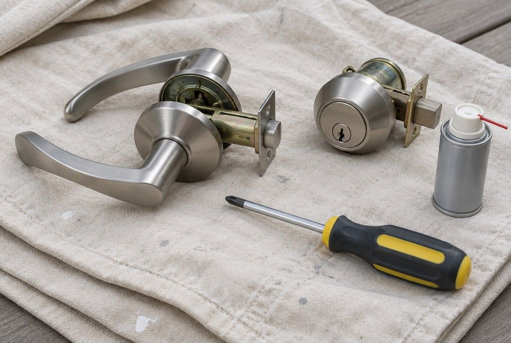 A lever handle and deadbolt taken off a door, laid out with a screwdriver