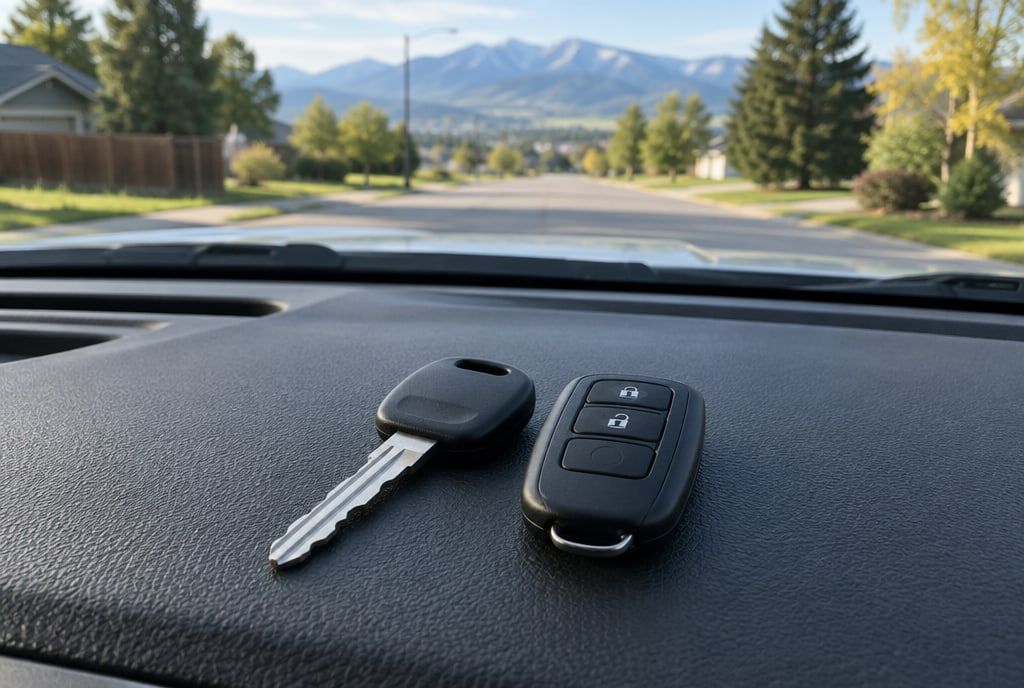 A freshly cut car key and its remote on a truck’s dashboard