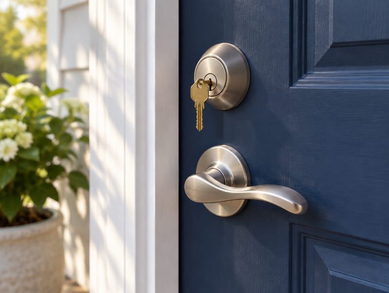 A front door with a deadbolt and a lever handle