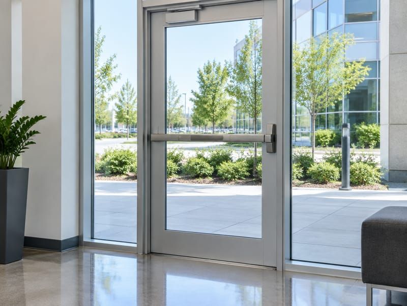 A glass storefront door with an exit bar