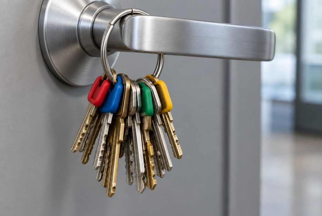 A ring of master keys with colored caps hanging from a door lever