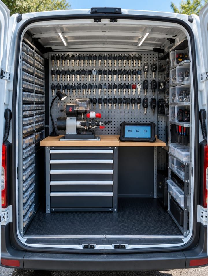 Inside a mobile locksmith van: key blanks, remotes and a key machine