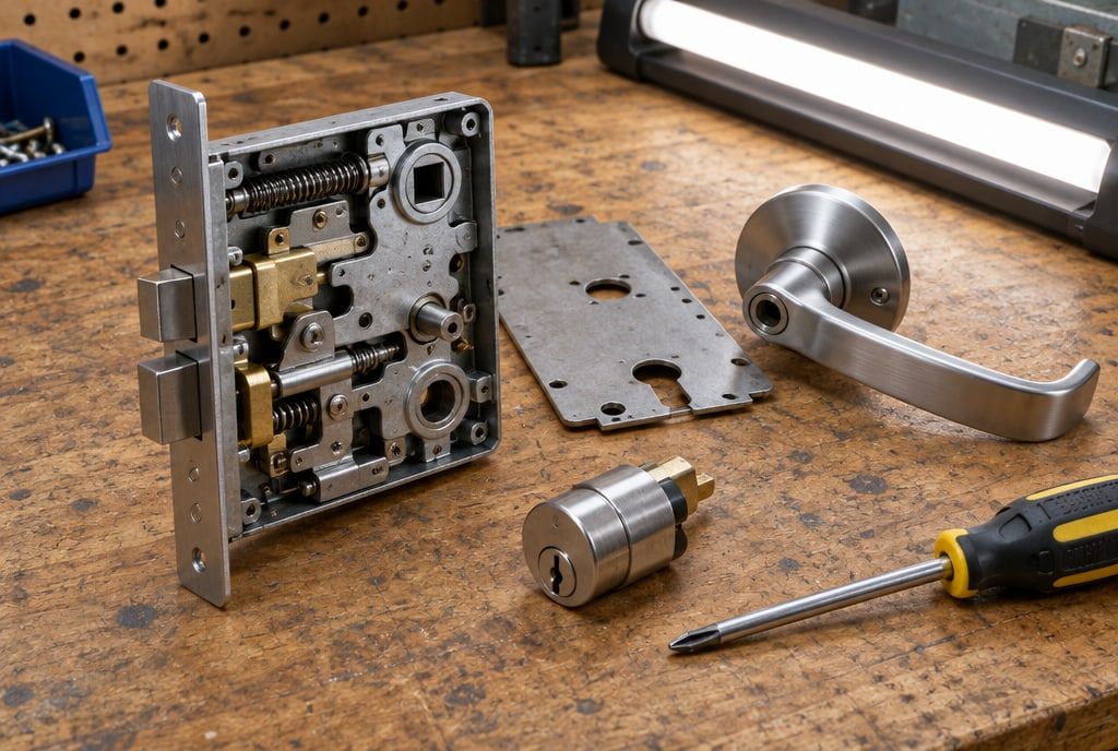 A commercial mortise lock opened on a workbench beside its lever handle