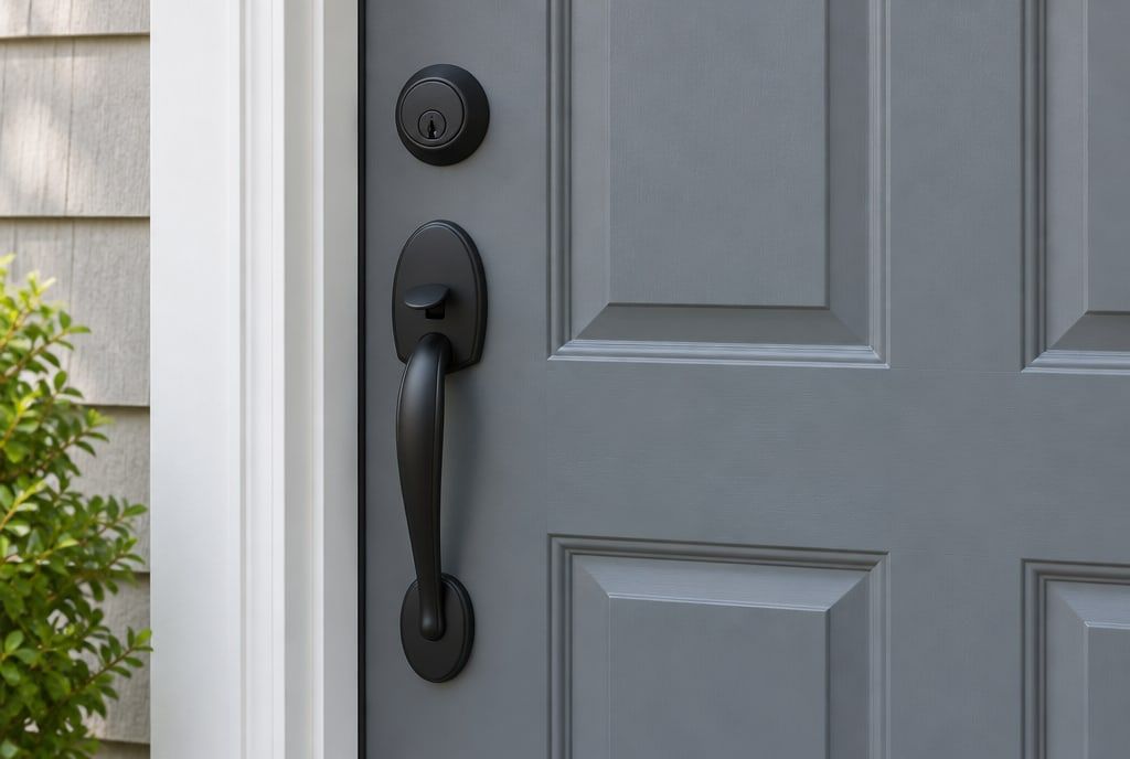 A new black deadbolt and handleset on a gray front door