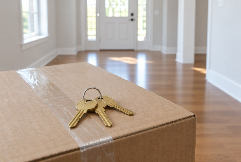New house keys on a moving box in an empty entryway