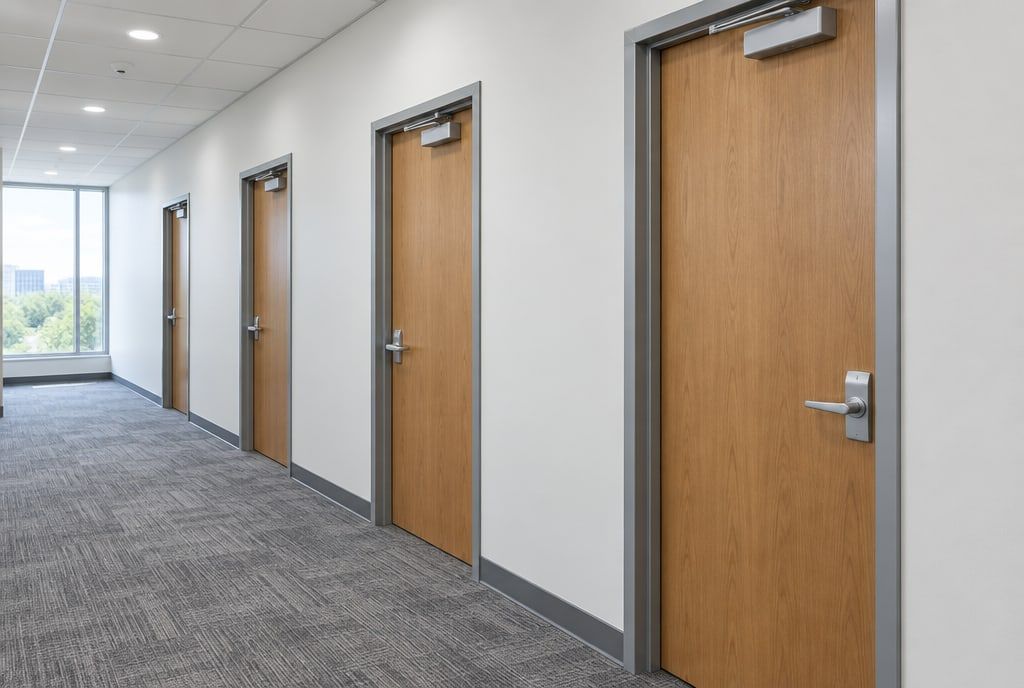 An office hallway of doors with commercial lever locks and door closers