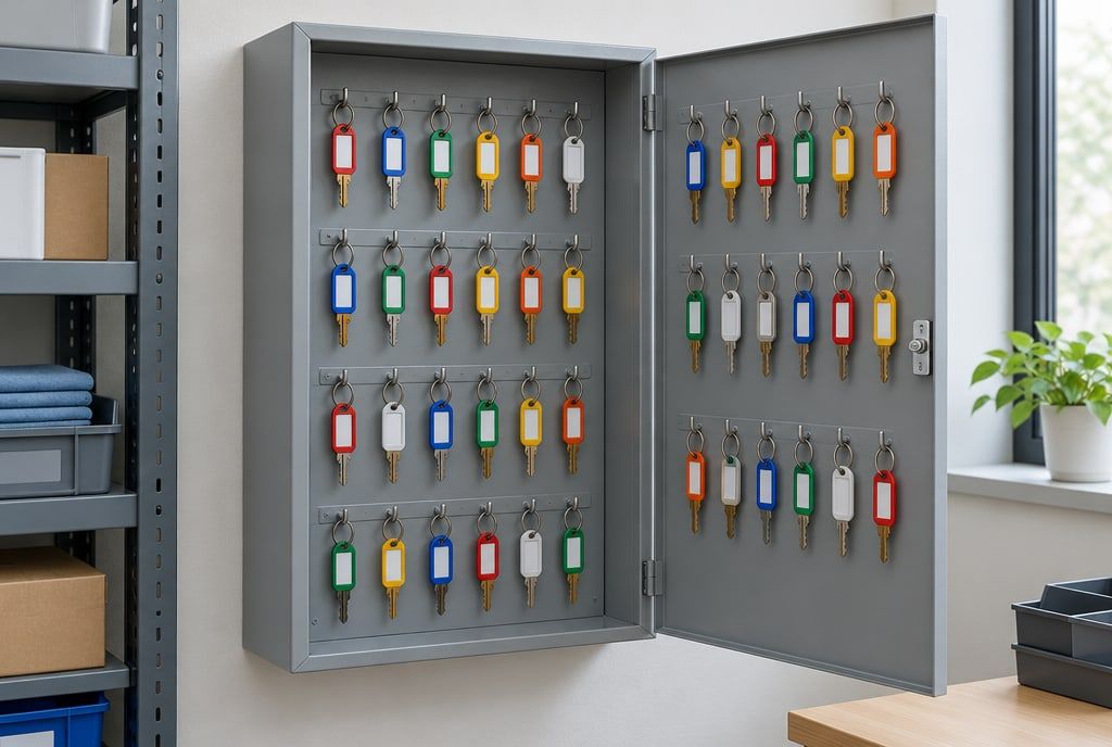 An open key cabinet with rows of keys on hooks in an office storeroom