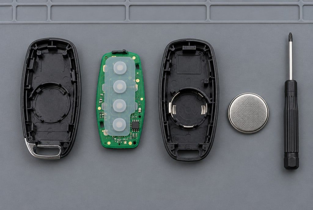 An opened car key fob showing its circuit board and coin battery