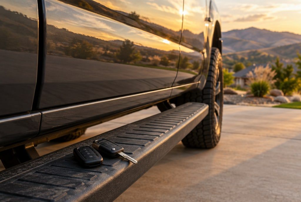 A key fob and a flip key on a pickup’s side step at sunset