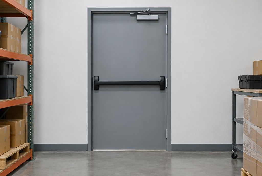 A push-bar exit device and a door closer on a steel back door