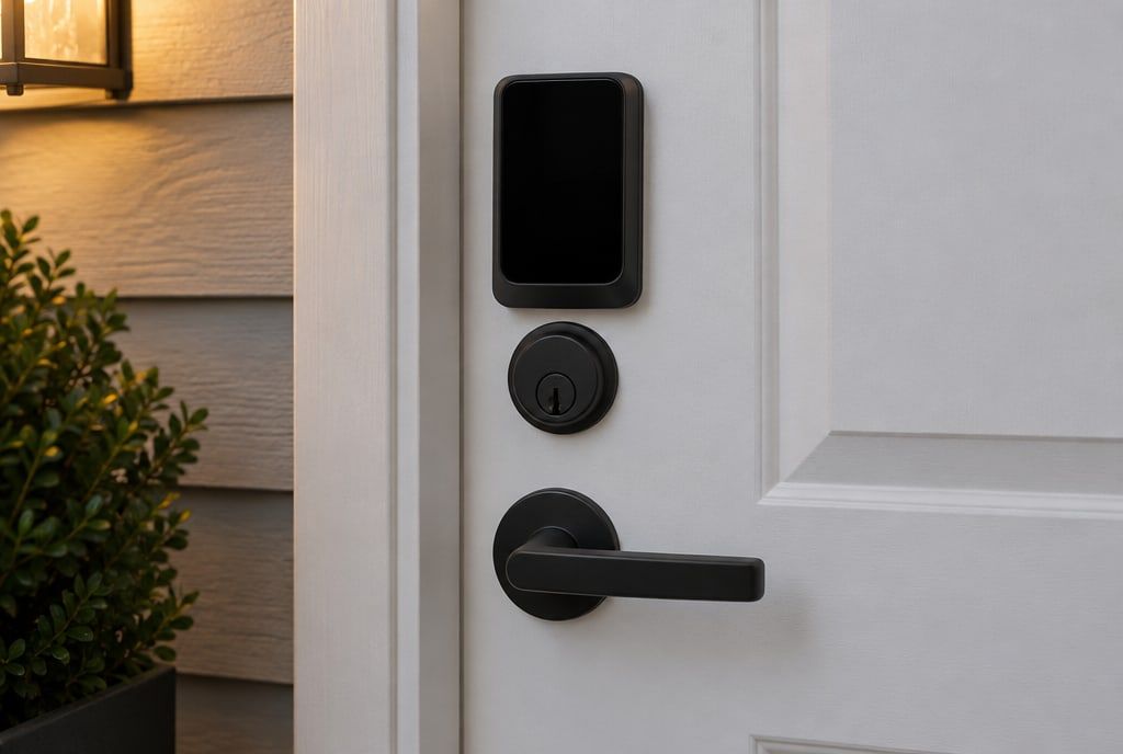 A smart lock keypad above a keyed deadbolt and a lever on a white front door