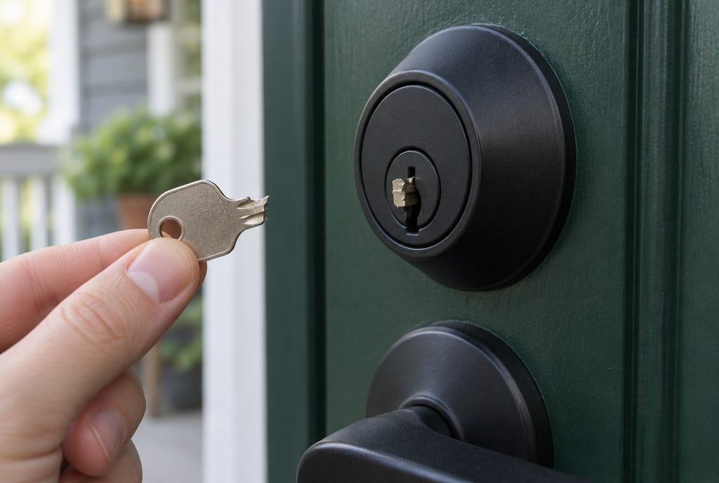 Two fingers hold the head of a snapped house key beside a black deadbolt, the broken blade still in the lock