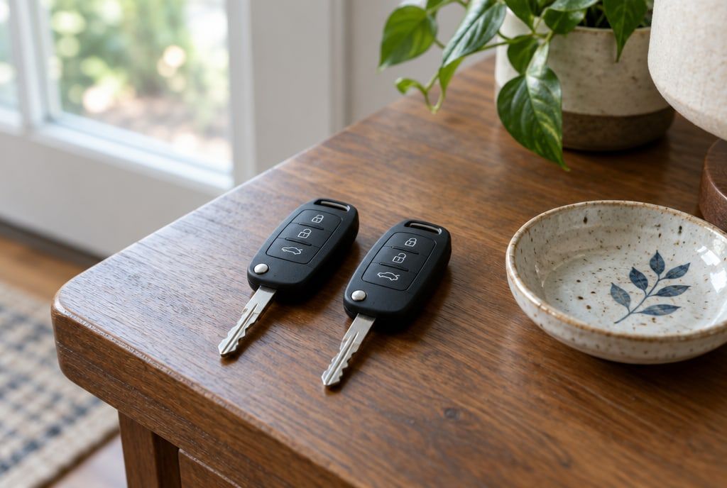 Two matching car keys side by side on an entry table