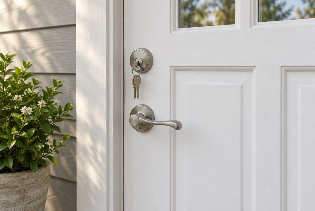 A white front door with a deadbolt, a lever and keys in the lock