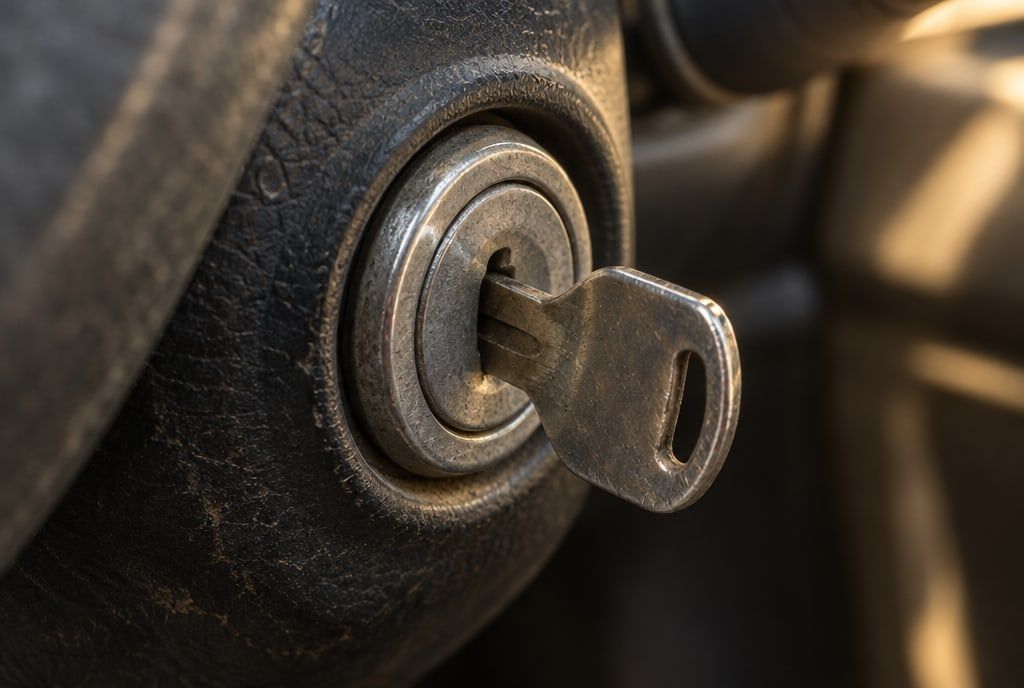 An older pickup’s steering column with a worn key in its ignition switch